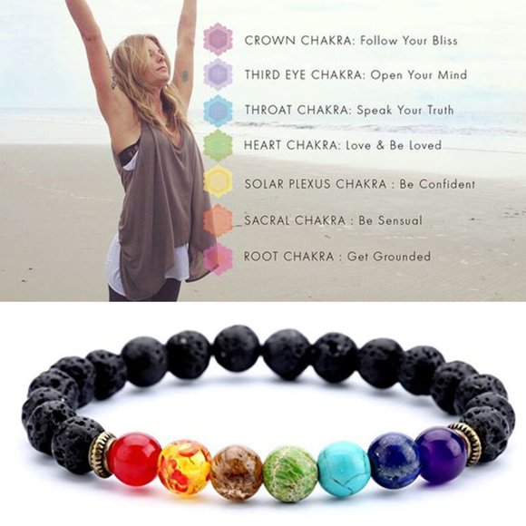 New 7 Chakra Beaded Lava Rock Rainbow Bracelet - Picture 2 of 6